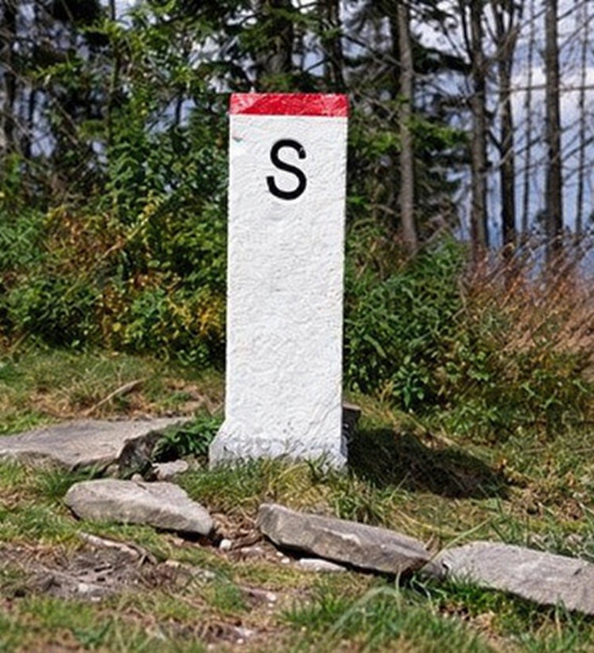 White boundary monument with red top at a wooded roadside